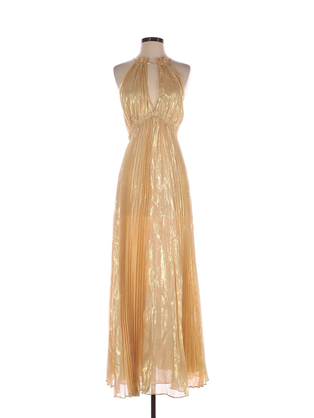 LoveShackFancy Bryce Silk Lurex Pleated Gold Halter Maxi Dress NWT